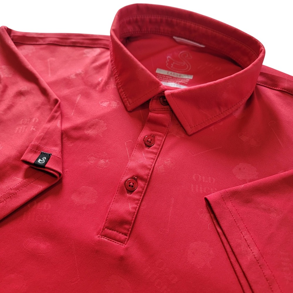 Swannies Polo Shirt Mens Large Old Hick Red Tonal Graphic EUC